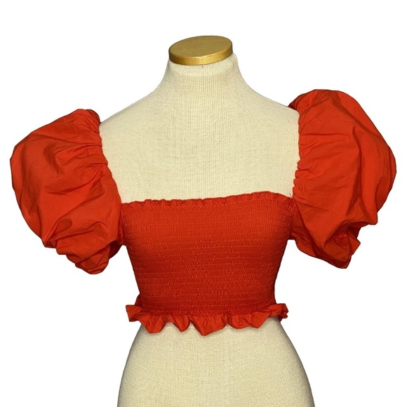 NWOT ZARA Red Puff Sleeve Smocked Tube Top Ruffle Cropped Festival Cotton S - Picture 2 of 13